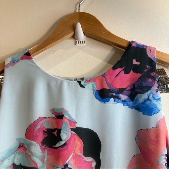 TAHARI Sz 14 Handkerchief Overlay Bold Pastel Floral Zipper in Back Dress - Picture 9 of 16